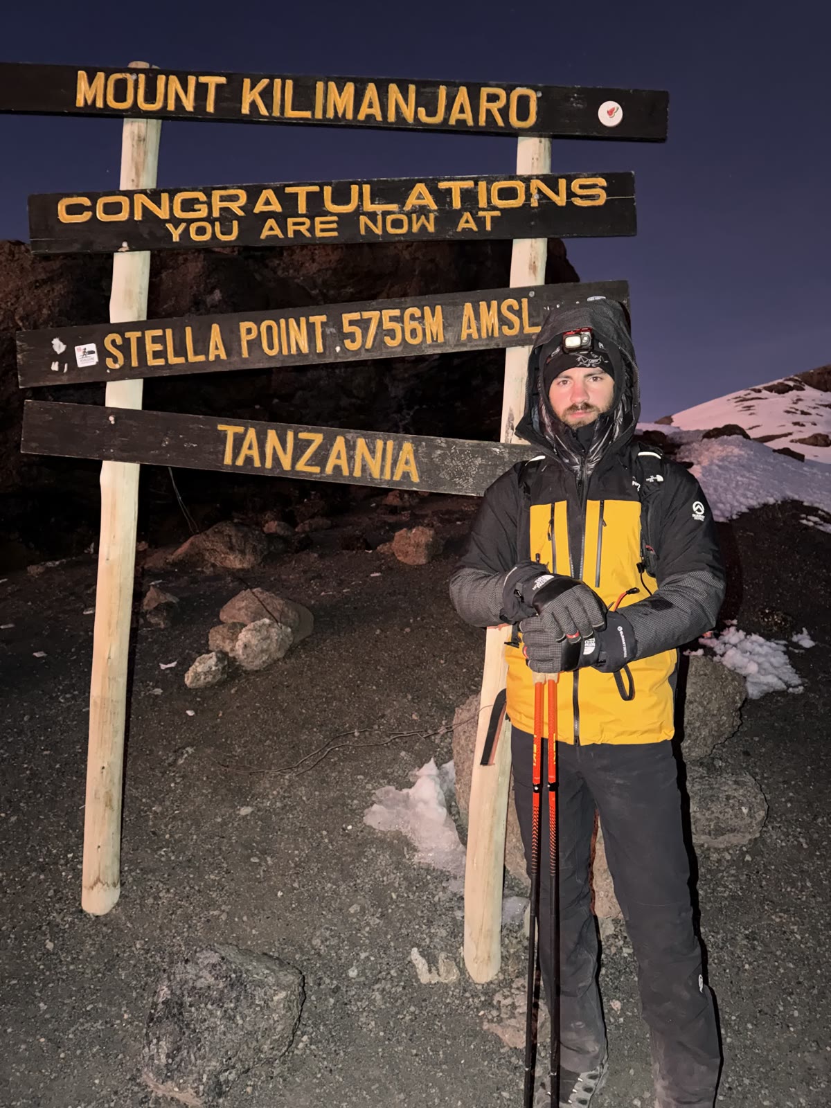 James Jackson at the Stella Point sign on Kilimanjaro, Tanzania