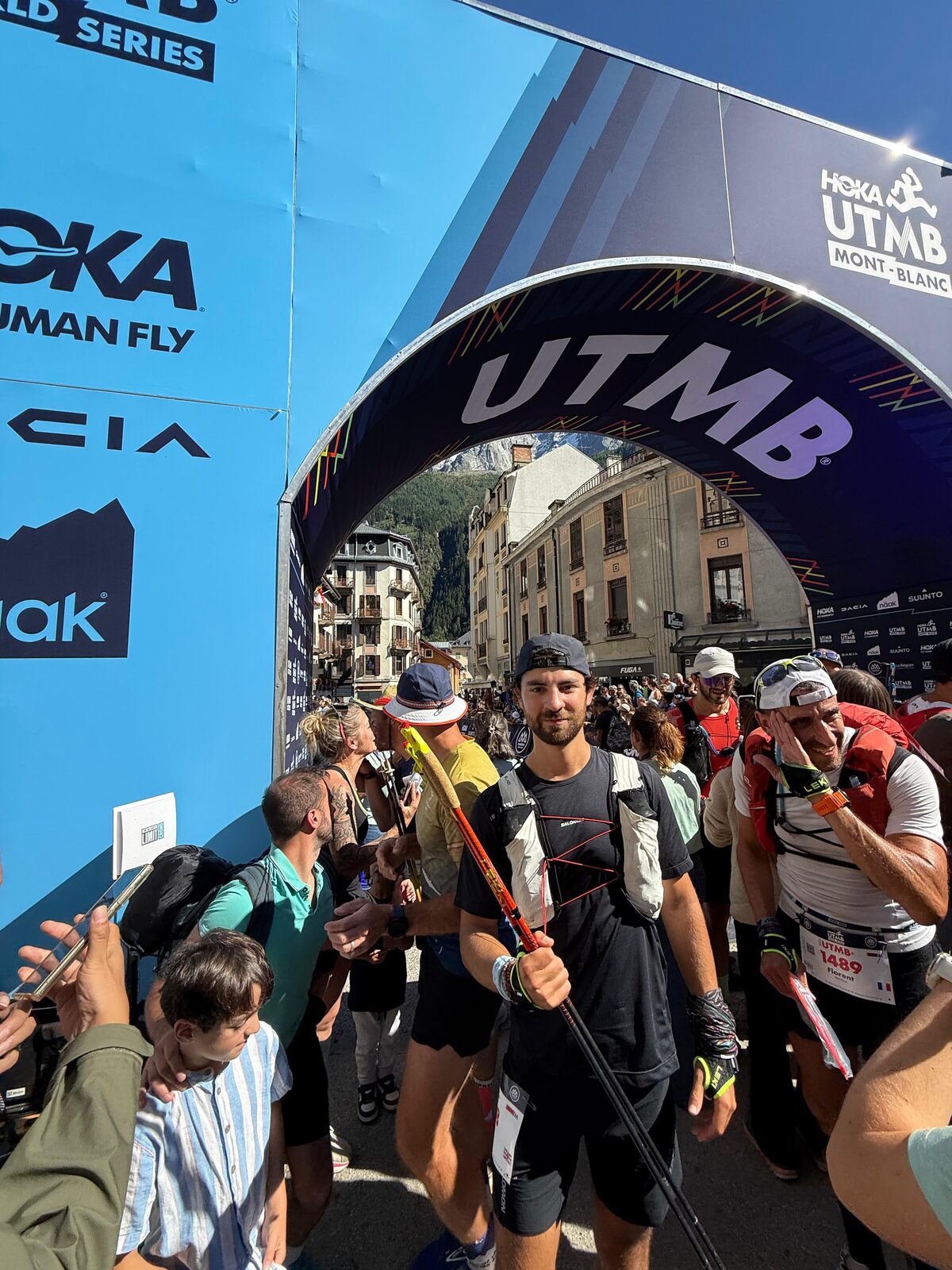 James Jackson among the runners at the UTMB Mont Blanc start arch in Chamonix
